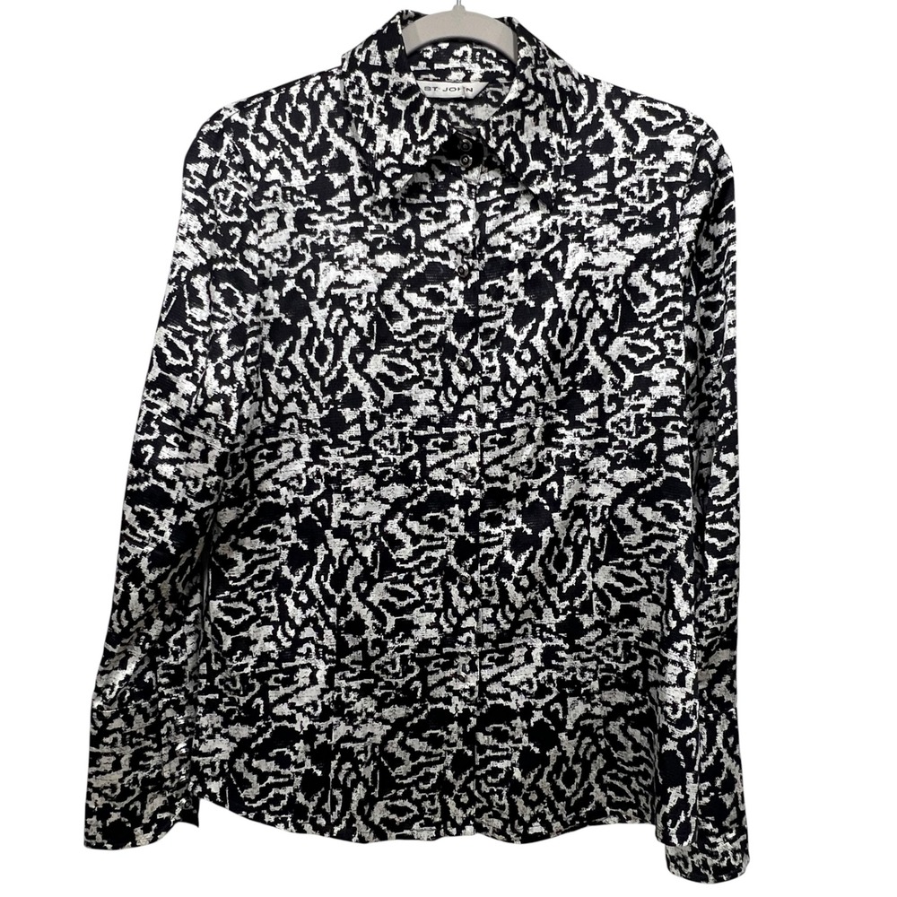 Vtg St John Button Down Silk Blouse Black Animal Print Size M‎ Career Academia